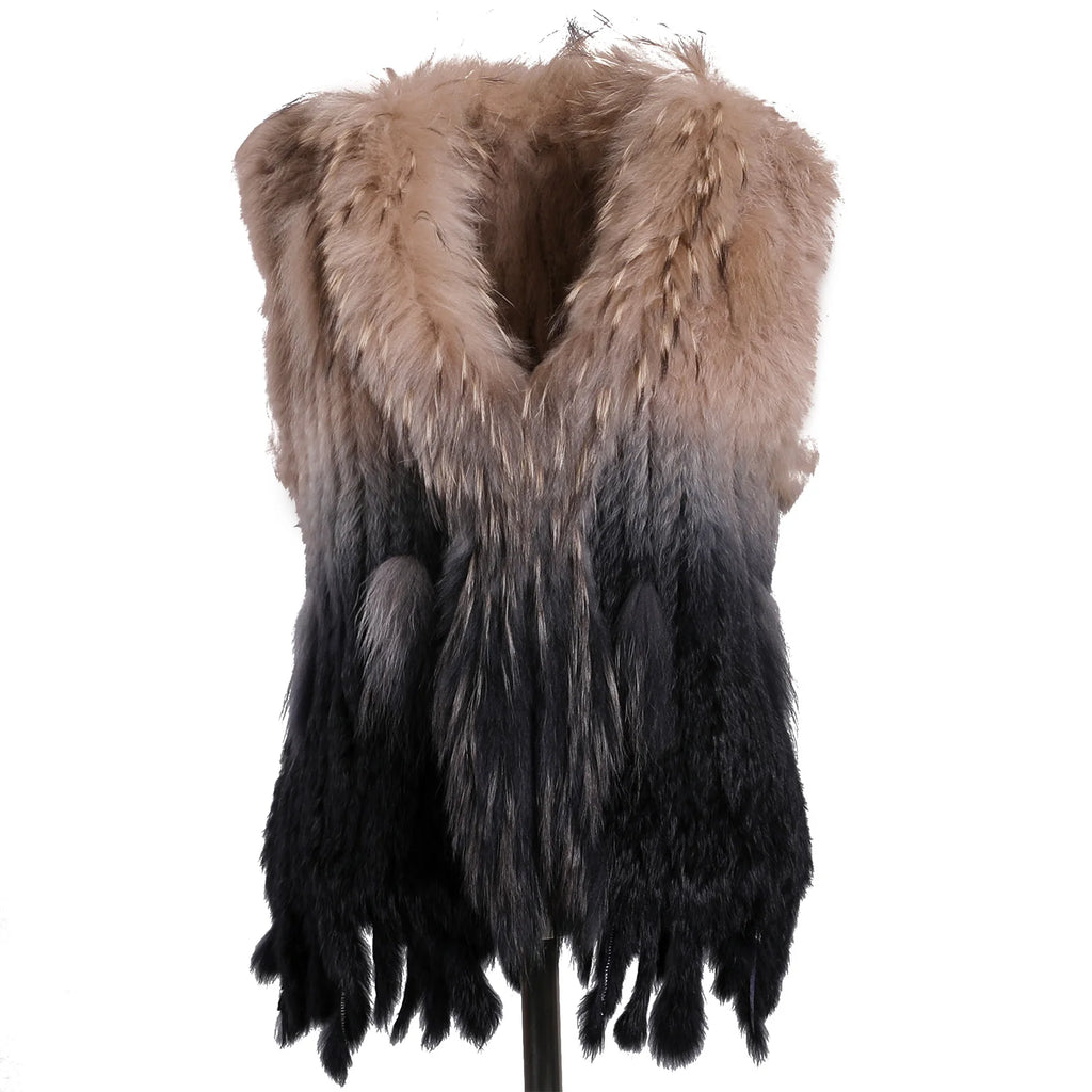 BOONJOVIA Women's 100% Real Rabbit Fur Knitted Vest Raccoon Fur Trim Collar Gilet Lady Fashion Waistcoat For Autumn Winter - Matrix Studios