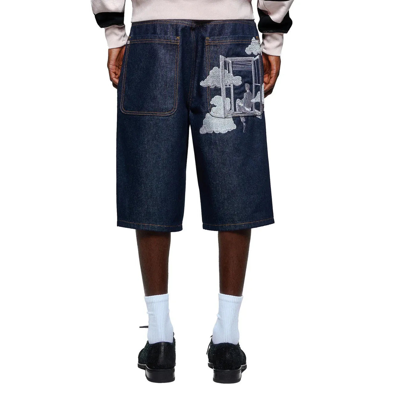 On Air Shorts Men Casual Baggy Jeans Short Y2k Retro Blue Pocket Embroidery Wide Leg Denim Jorts Hip Hop Skateboard Streetwear