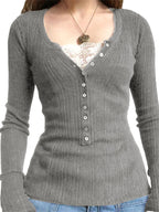 Women Button Front Knit Tops Long Sleeve Lace Patchwork Slim Fit Sweater Fall Fairy Grunge Gothic Y2K Clothes - Matrix Studios
