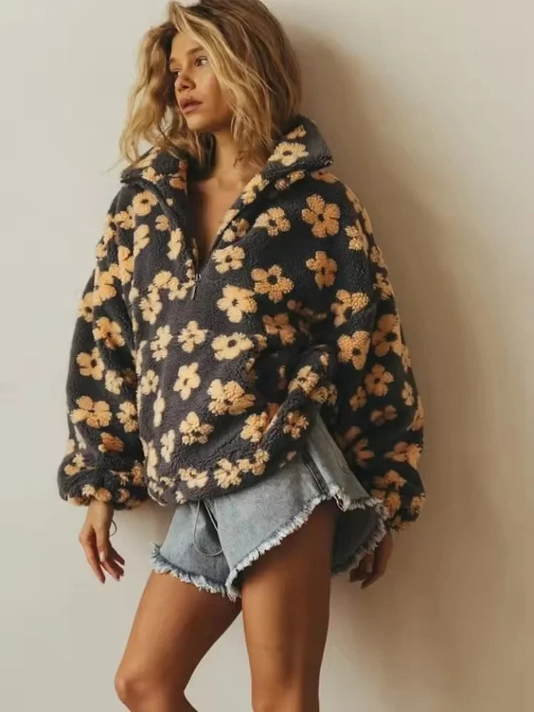 New Autumn Winter Women's Sherpa Floral Casual Pullover Hoodies Half Zip Style Loose Warm Fleece Lining Sweatshirt - Matrix Studios