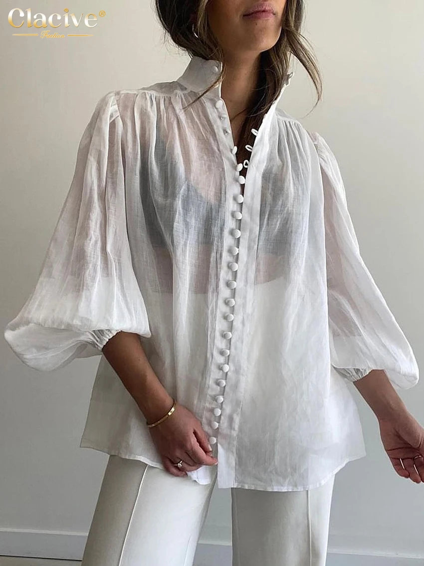 Clacive Fashion White Cotton Woman Blouse 2024 Elegant Stand Collar Puff Sleeve Shirts Casaul Classic Blusa Tops Female Clothing - Matrix-studios.com