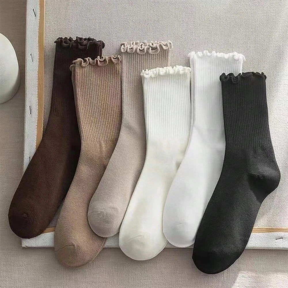 6/12 Pairs Women Solid Color Wavy Edge Mid Tube Socks Fashionable Sweet Style Breathable Comfortable Spring Summer Casual Socks - Matrix Studios