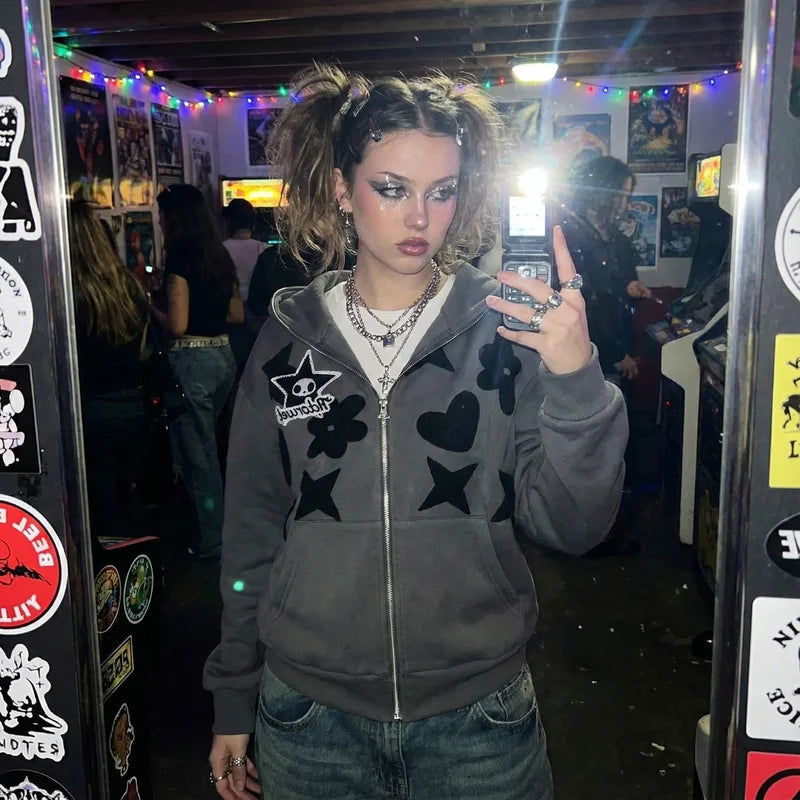 Women Retro Embroidery Hoodies Autumn Winter Zip Up Long Sleeve Loose Jacket Coats Y2k Harajuku Casual P - Matrix Studios