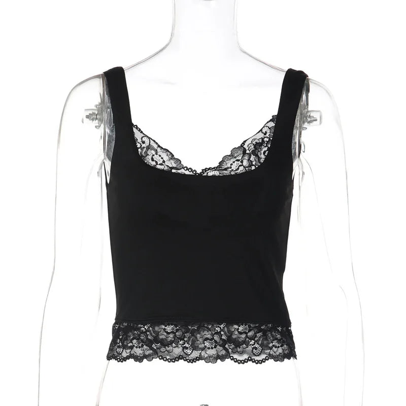 Tossy Black Lace Tank Top For Women V-Neck Backless Streetwear Spaghetti Patchwork Cropped Y2k Top Female Sexy Lace Vest 2026 - Matrix-studios.com