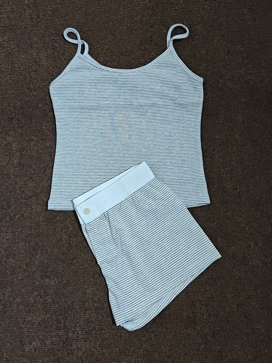 Strawberry Vest Shorts 2 Pieces Set Woman Eyelet Bow Slim Tank Top with Elastic Waist Patchwork Straight Short Pant Sweet Sets - Matrix-studios.com