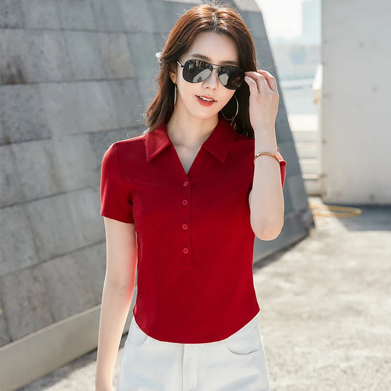 Summer New Polo Neck Button Short High Waist T-shirt Slim Fit Short Sleeve Solid Color Cotton Women's Top - Matrix-studios.com