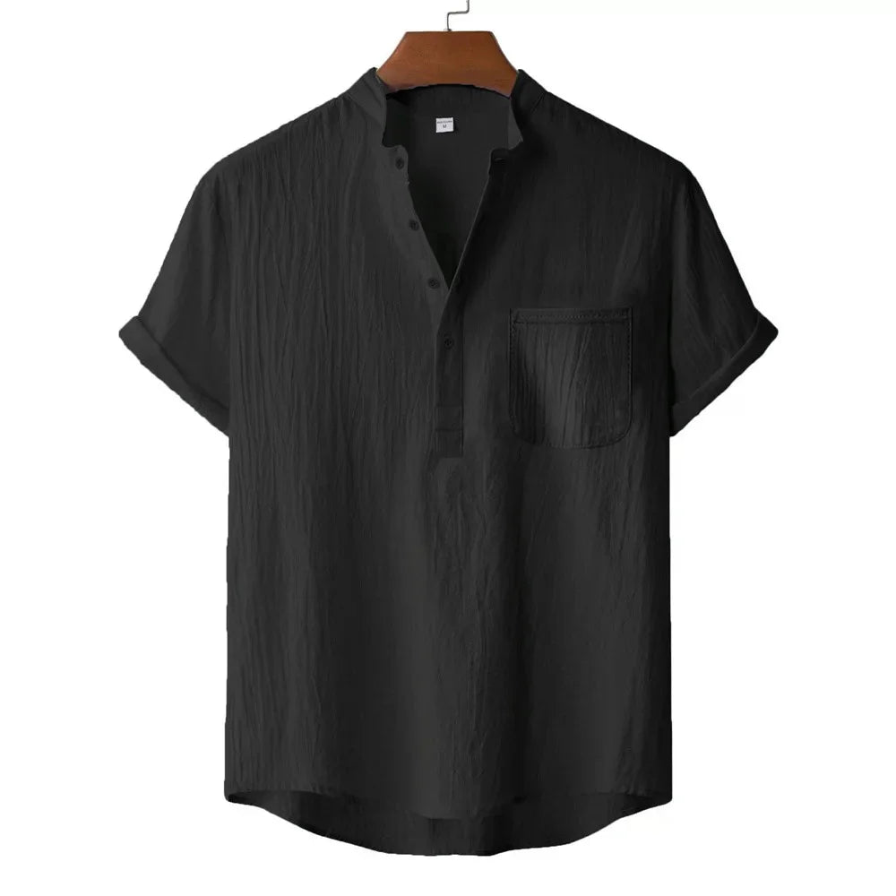 Men's Summer Cotton Linen T-shirt Beach Style Short SLeeve Henley Neck Vacation Hawaii Casual Lightweight Breathable Cozy Tops - Matrix Studios