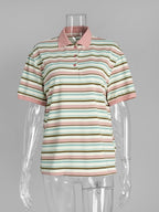Sumuyoo Women's Retro Striped Polo T-Shirt Loose Fit Short Sleeve Casual Knitted Shirt Fashionable Summer Top for Ladies - Matrix-studios.com
