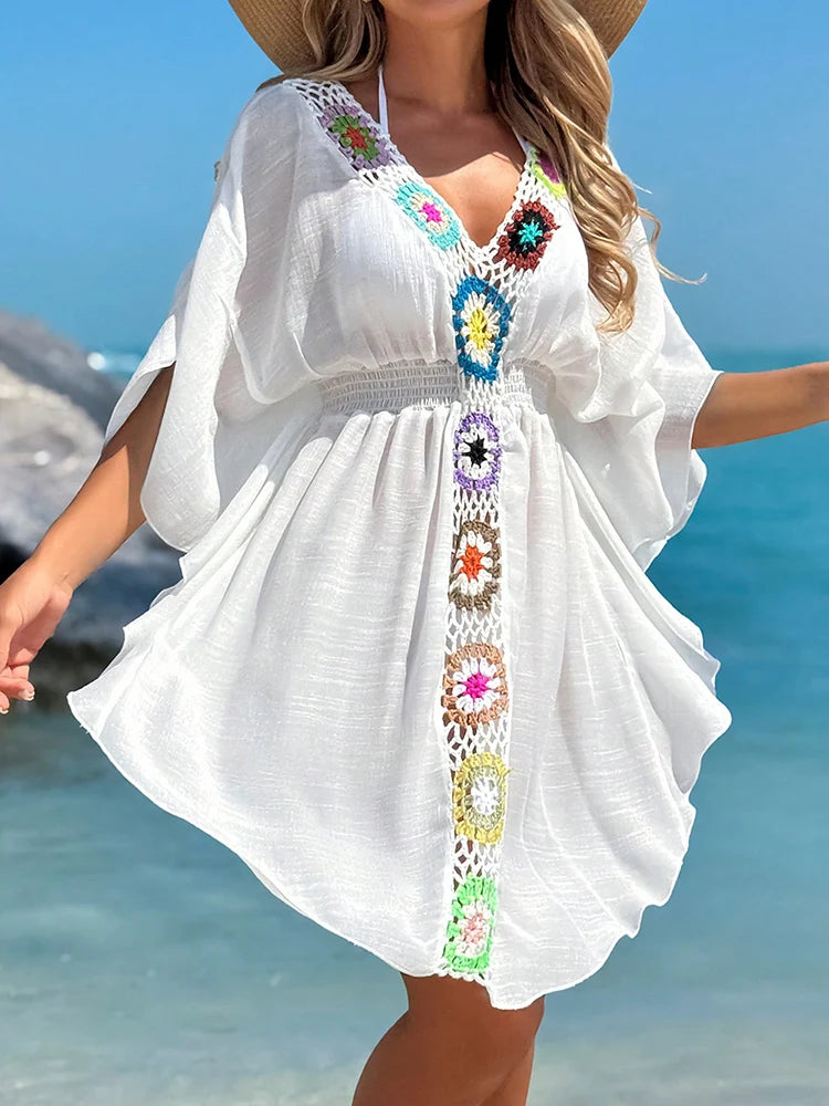 Crochet V Neck White Cover-Up Dress Beach Dress Cover-Ups Swimsuit Summer Bathing Suit Woman Summer Tunic Saida Praia Beachwear - Matrix Studios