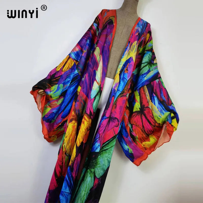 2022 New WINYI Summer Butterfly Printing Beach Wear Swim Suit Elegant Africa Women Boho Cardigan Sexy Holiday Long Sleeve Kimono - Matrix Studios