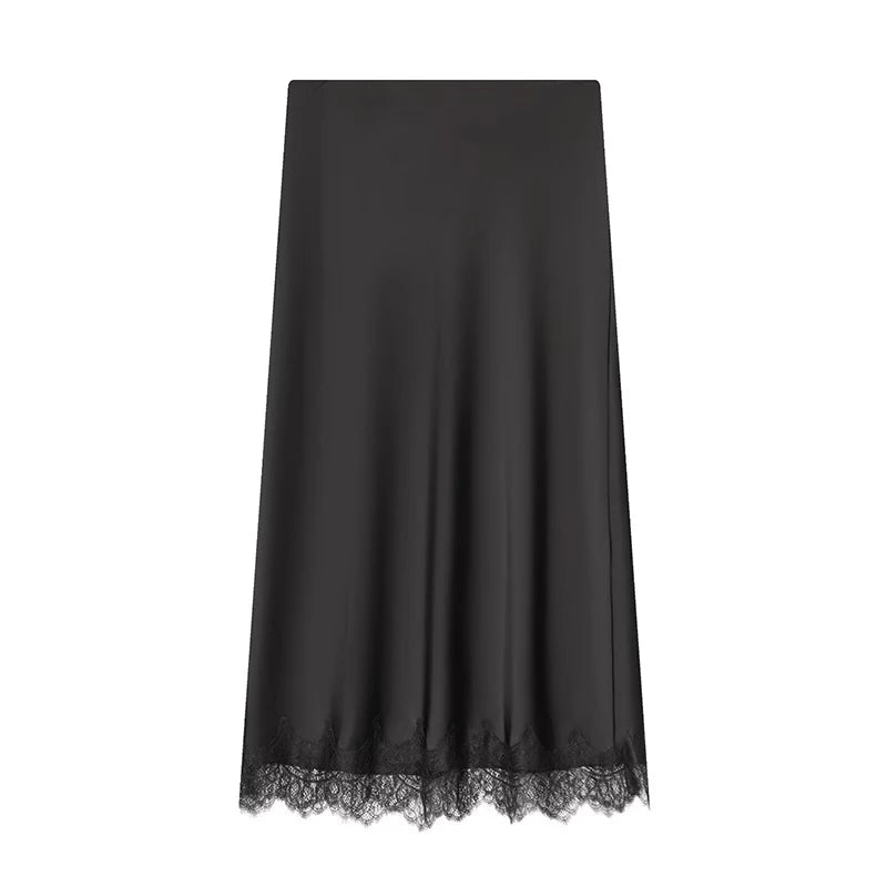 Women's Skirts Fashion Lace Decoration Satin Midi Skirt Vintage Women High Waist Long Skirts - Matrix-studios.com