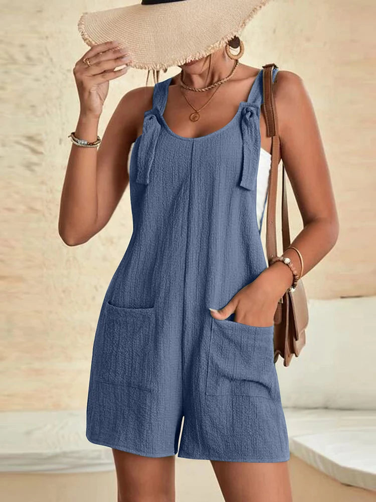 Women Summer Casual Short Rompers Elegant Solid Sleeveless Tie Knot Strap Jumpsuits Vintage Harajuku Loose Overalls with Pockets - Matrix Studios