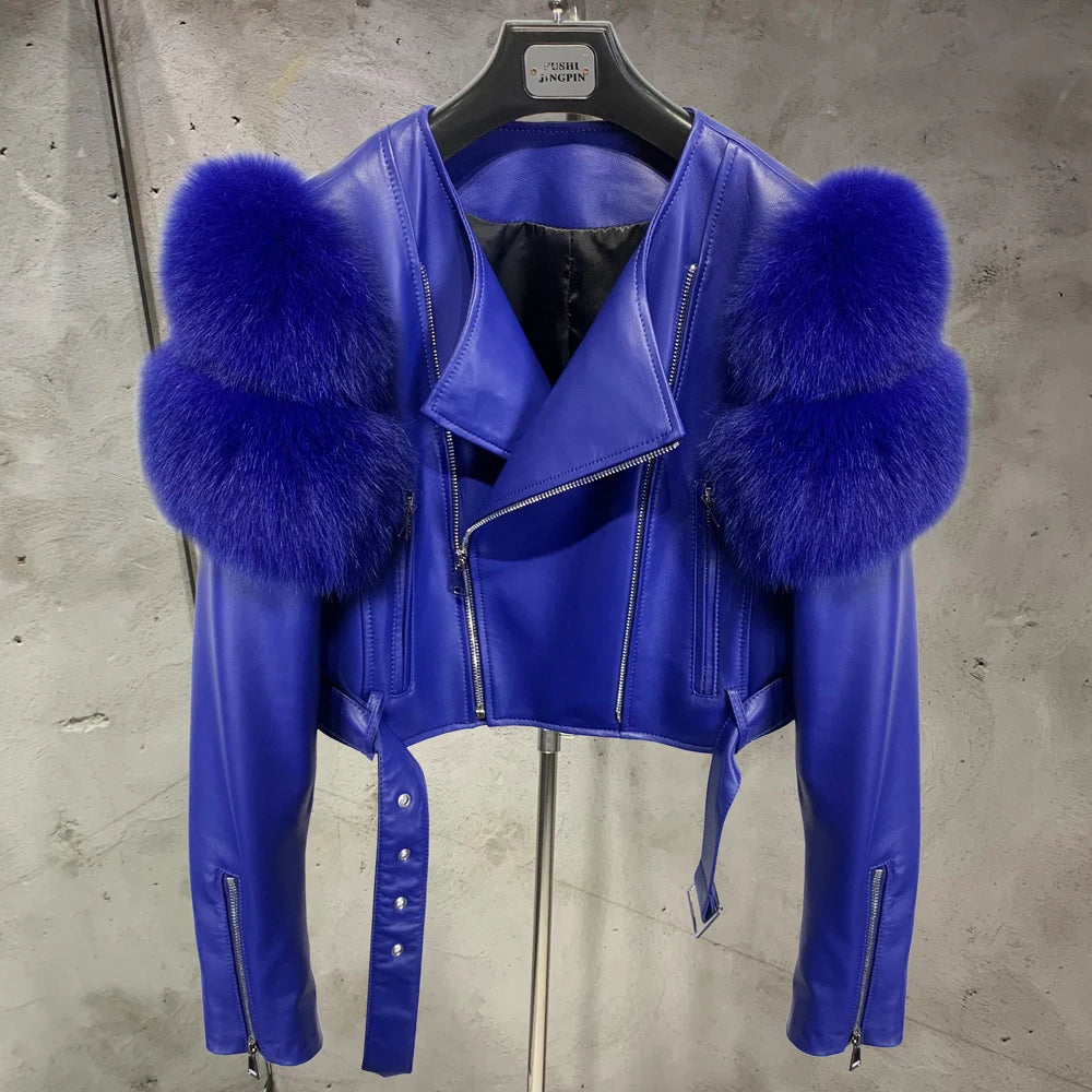 Leather Jacket Factory Ladies Short Leather Jacket Real Fox Fur Sleeve Coat Women Autumn 21001 - Matrix Studios