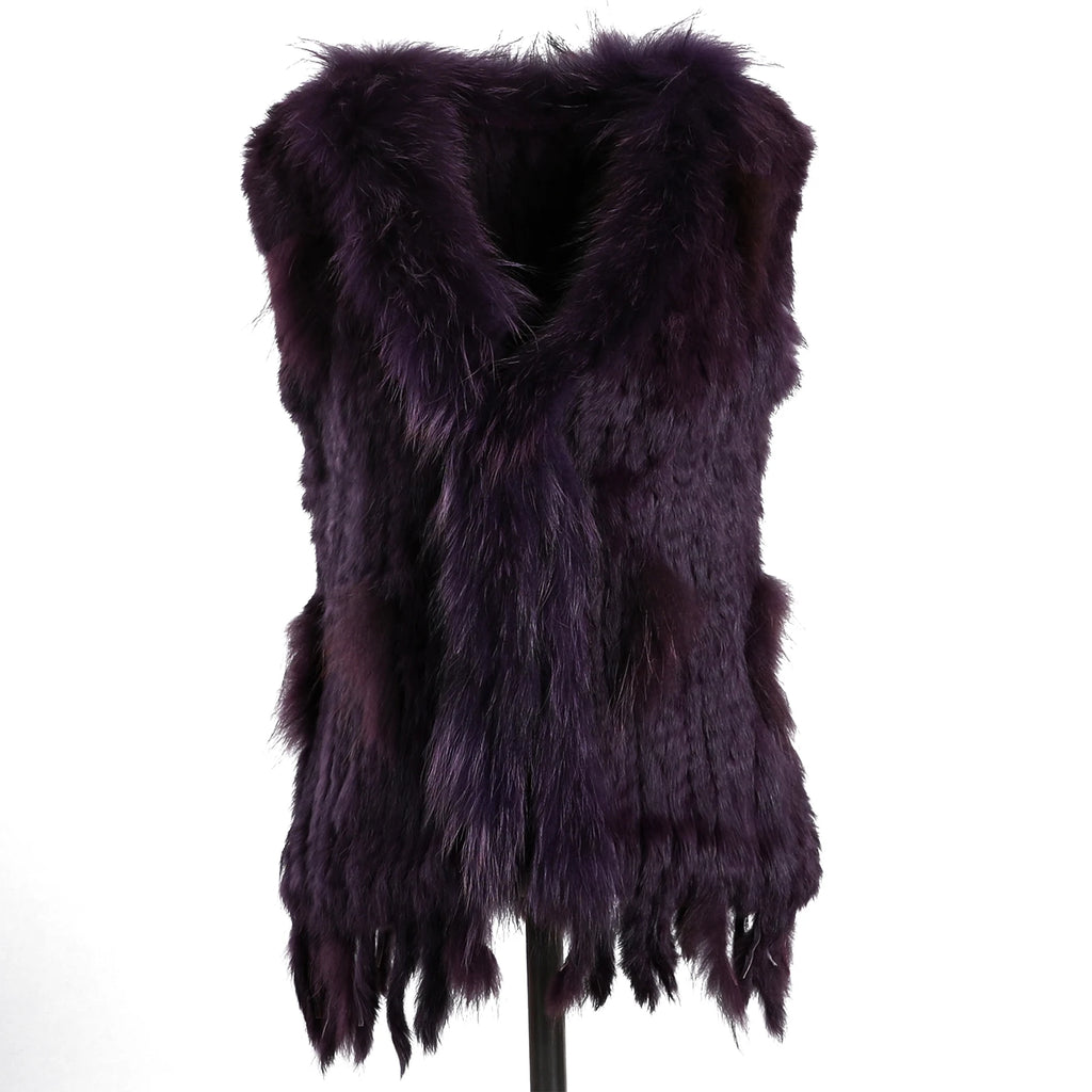 BOONJOVIA Women's 100% Real Rabbit Fur Knitted Vest Raccoon Fur Trim Collar Gilet Lady Fashion Waistcoat For Autumn Winter - Matrix Studios