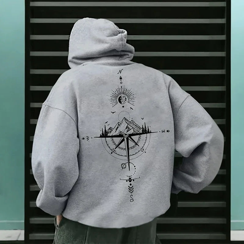 Vintage Compass Print Hoodies for Men High Quality Hooded Long Sleeve Pullover All Season Daily Casual Sports Tops Men's Clothes - Matrix Studios
