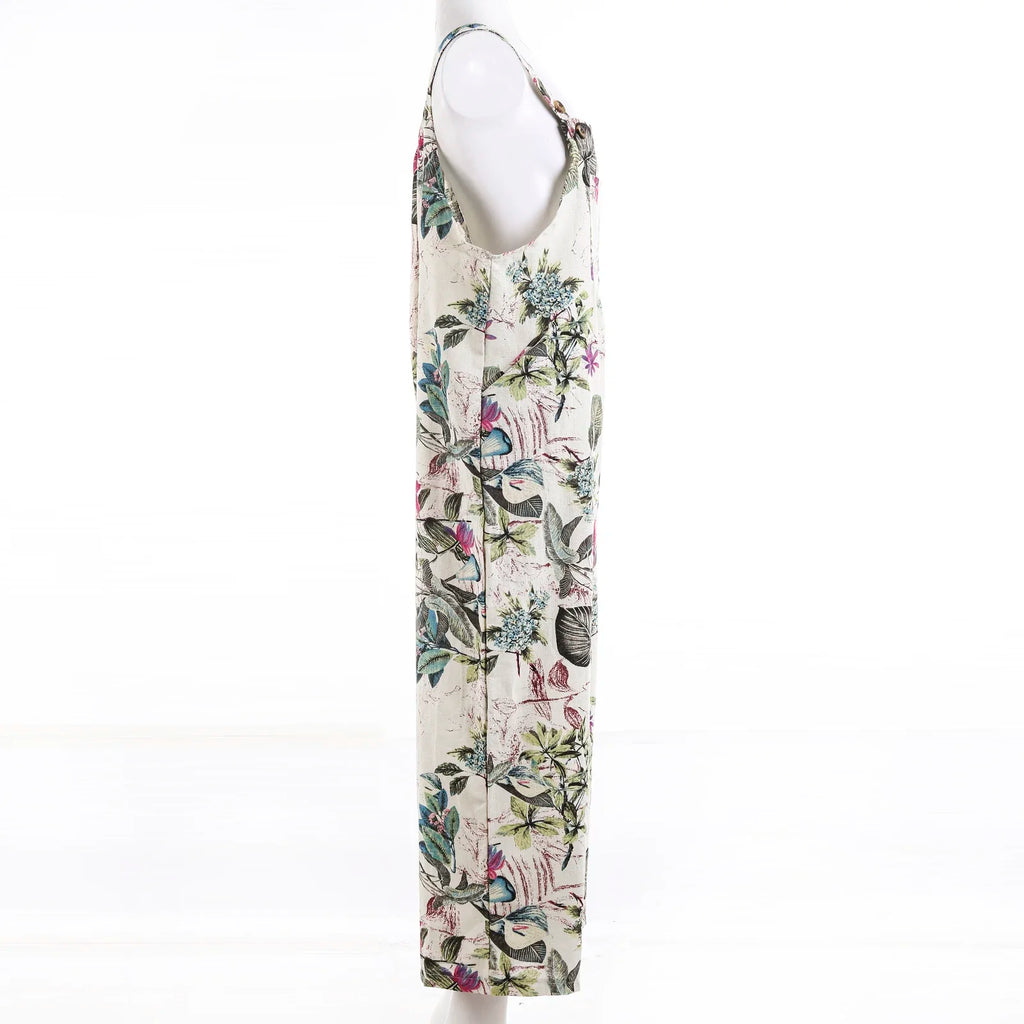 Combhasaki Women's S-3XL Cotton and Linen Jumpsuit Leaf Floral Print Square Neck Sleeveless Casual Loose Overalls with Pockets - Matrix Studios