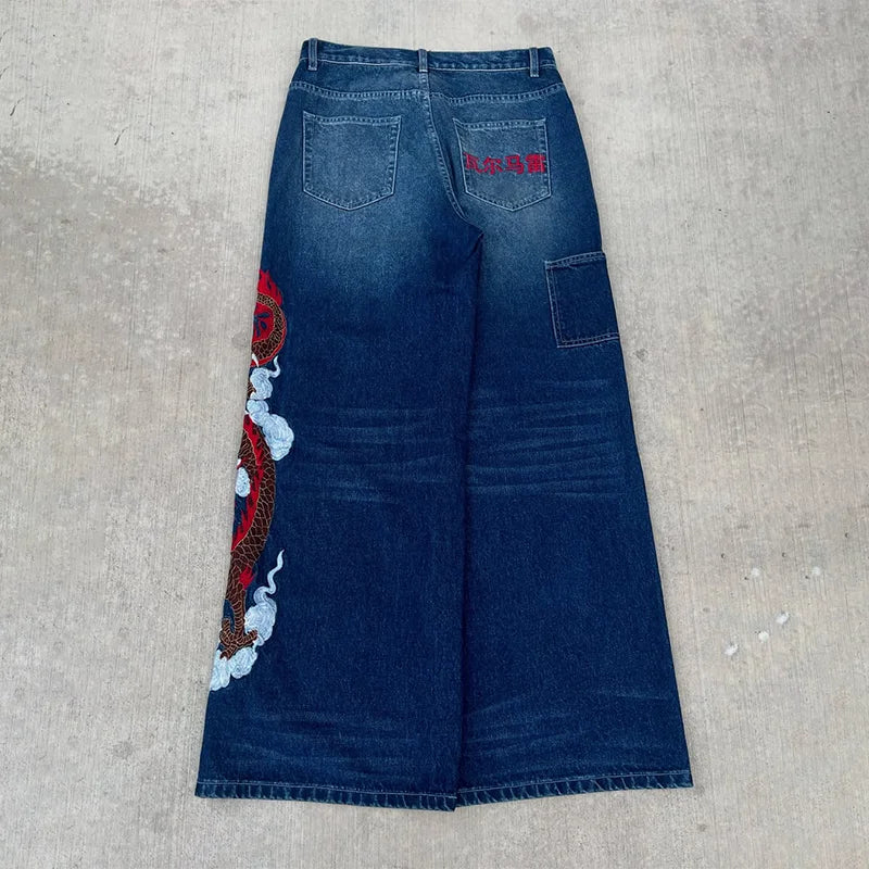Dragon Graffiti Embroidery Dark Blue Loose Wide Leg Distressed Jeans Y2K High Waist Men Women Vintage Casual Daily Streetwear - Matrix Studios