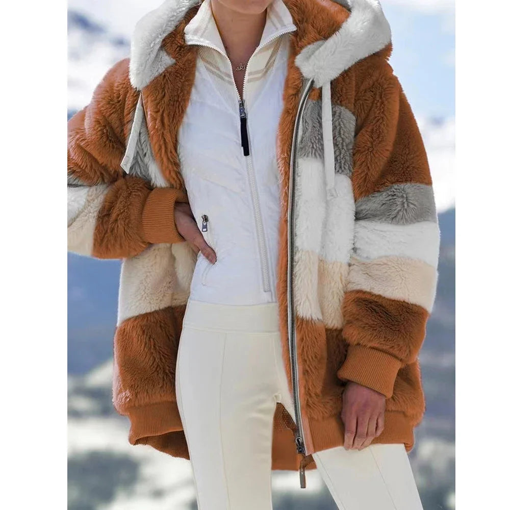 Oversized Jacket for Women Coat 2025 Autumn Winter Warm Plush Pocket Hooded Streetwear Loose Lady Zipper Cashmere Outerwear Coat - Matrix-studios.com
