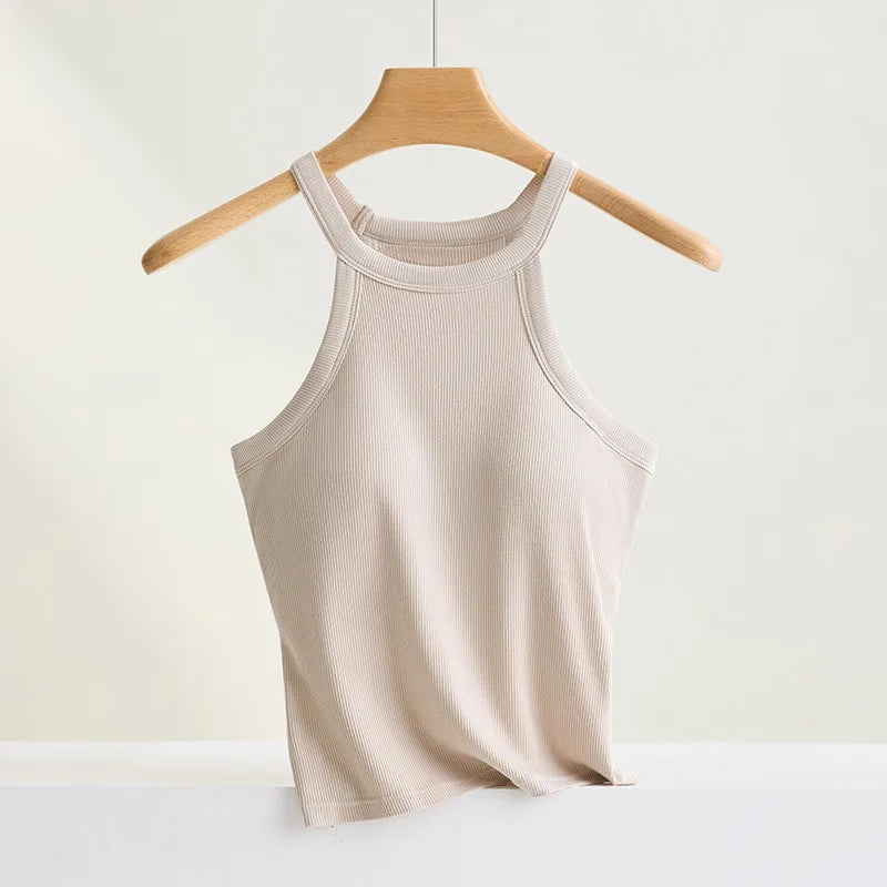 Threaded Halter Neck Camisole Top With Build-in Bra High Elastic Slim-fitting Sling Fixed Cup Breathable Women Underwear - Matrix-studios.com