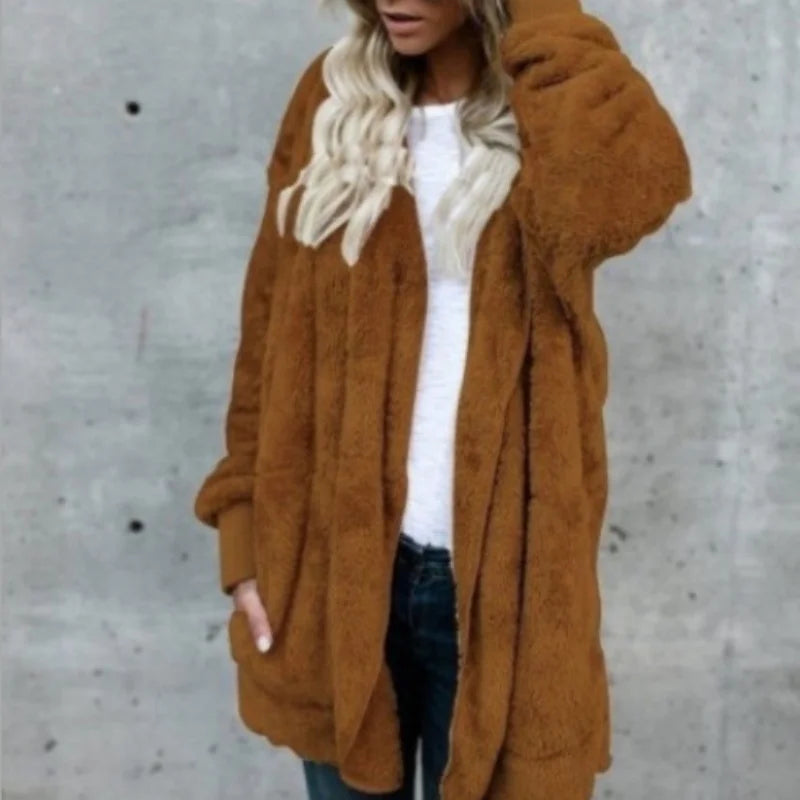 Women Autumn Winter Double-faced Fur Fleece Faux Fur Medium Style Hooded Warm Thick Coat Casual Solid Long-sleeved Fur Overcoat - Matrix Studios