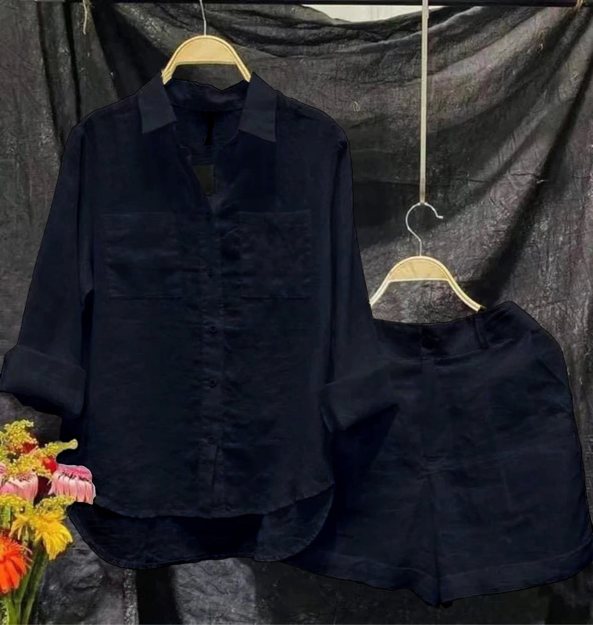 Summer Cotton Linen Casual Home 2 Piece Set For Women 2024 Fashion White Long Sleeve Shirt And Shorts Two Piece Sets Tracksuit - Matrix-studios.com