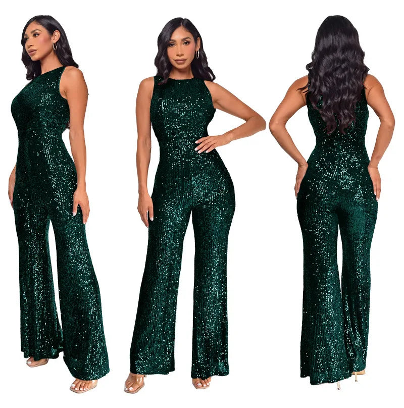 Bling Bling Sequined Club Jumpsuit Sexy Women O-neck Elegant Shiny Sliver Gold Sequins Straight Romper Overalls - Matrix Studios