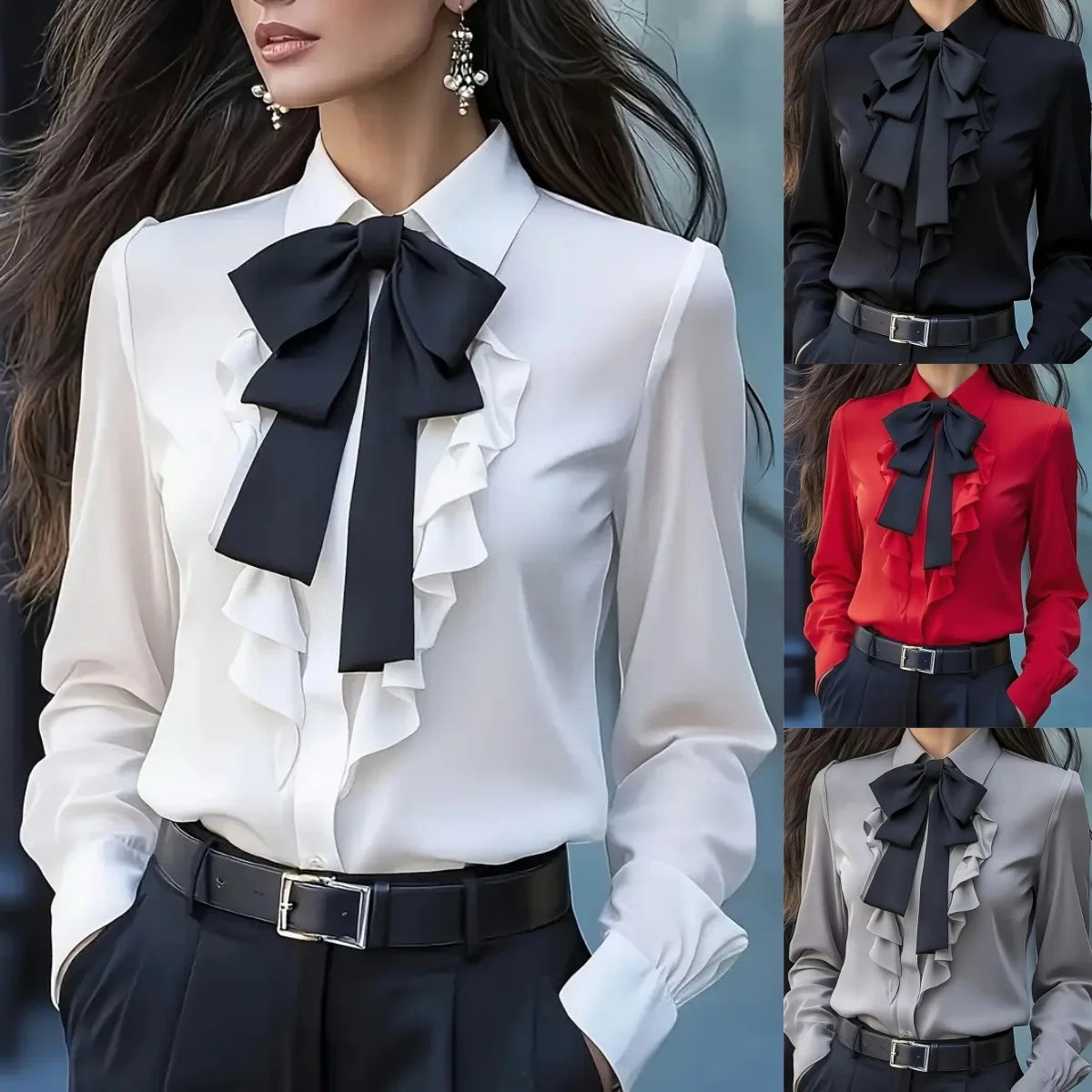 New Autumn Solid Color Lace-up Bow Ruffle Design Shirt For Women Vintage Long Sleeve Blouse White Shirt Autumn Female Clothing - Matrix-studios.com