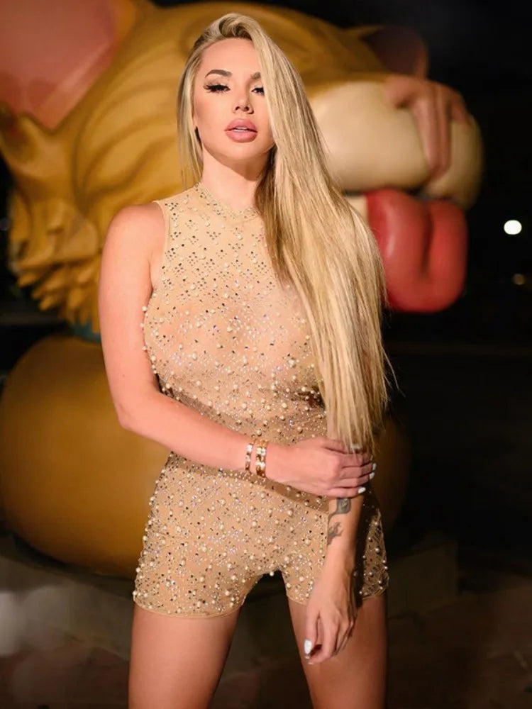 Sexy O-neck Sleeveless Jumpsuit Women Summer Beaded Mesh Rompers Skinny Elegent One Piece Apricot Fashion Hot Combinaison Femme - Matrix Studios