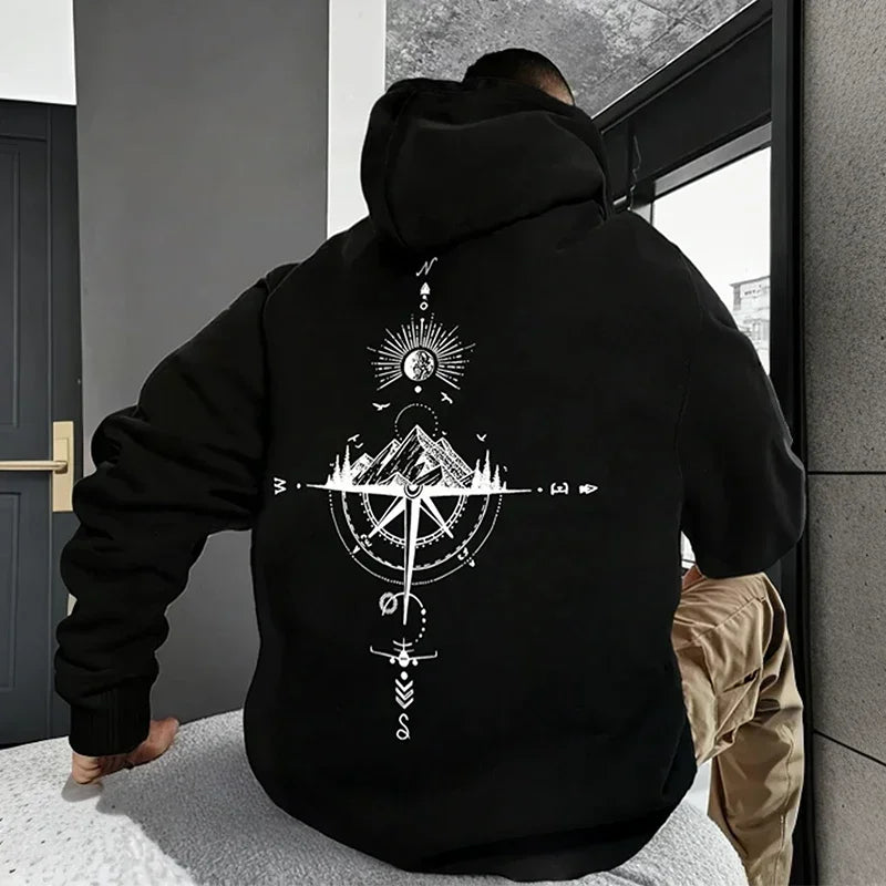Vintage Compass Print Hoodies for Men High Quality Hooded Long Sleeve Pullover All Season Daily Casual Sports Tops Men's Clothes - Matrix Studios