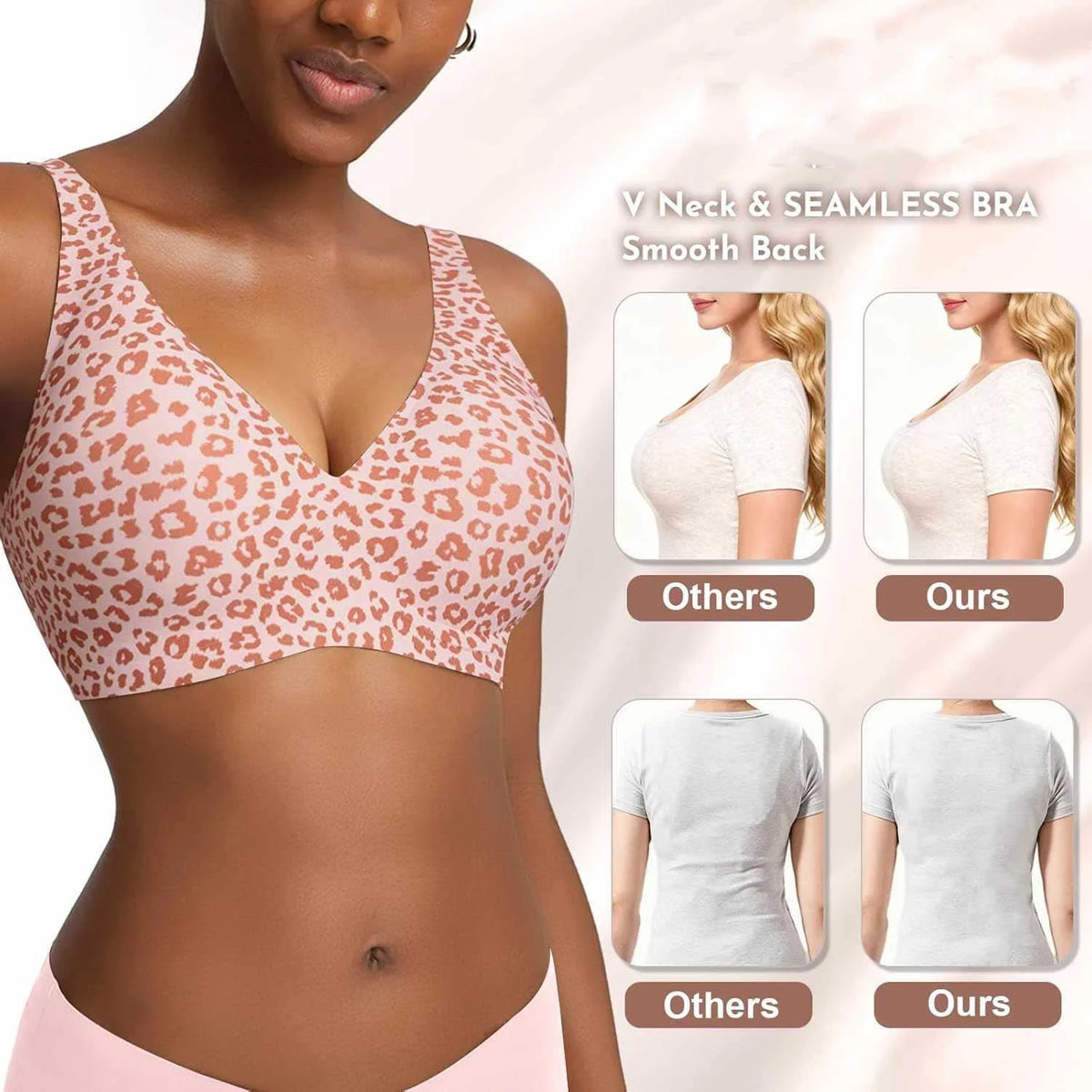 Women's Seamless Pink Leopard Print Bra Wire-Free Bra Full Cup Soft Thin Mold Support Jelly Beauty Breathable Deep V Push Up Bra - Matrix Studios