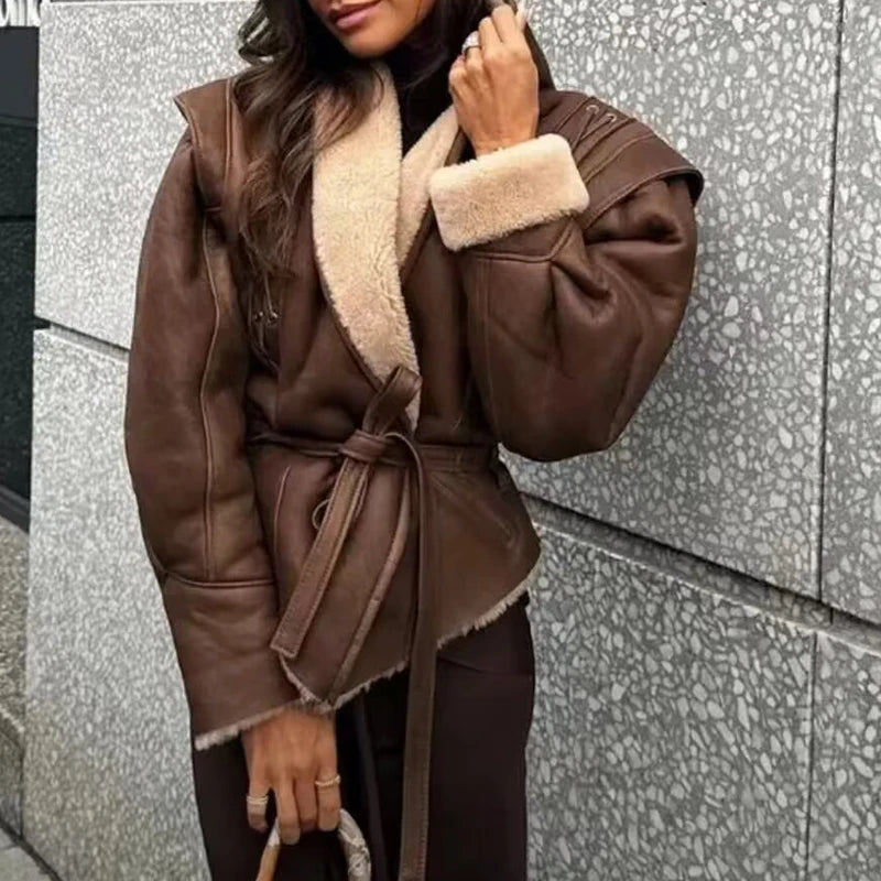 Leather Jackets Women's With Belt Fur Coat Streetwear Fashion Solid Outwear Woman Elegant Jackets Chaqueta De Cuero Para Mujer - Matrix Studios