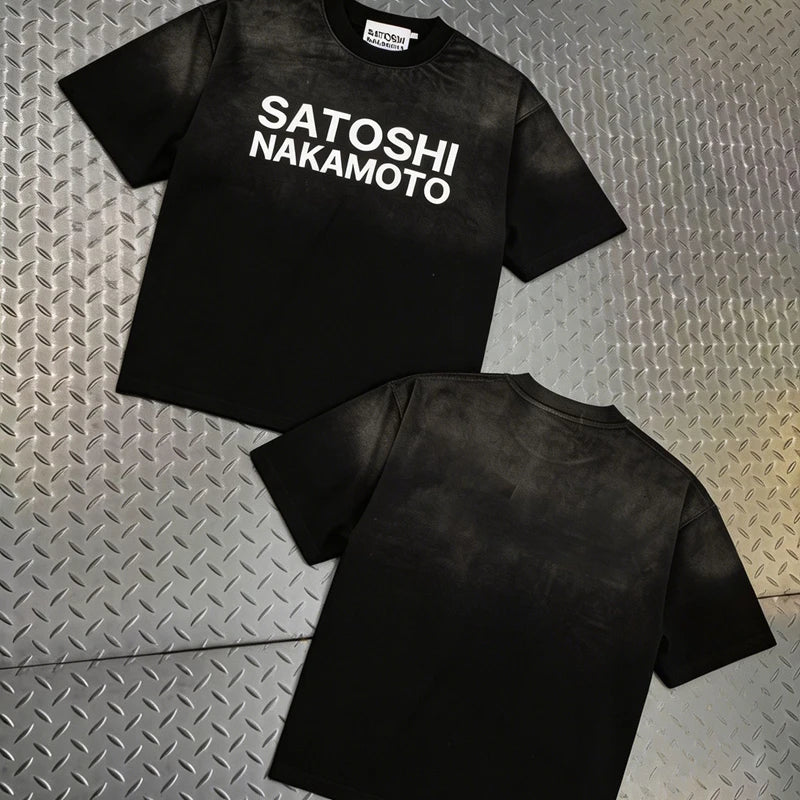 Europe America Trend Street Brand Satoshi Nakamoto T Shirts Colorful Letter Prints Washed Short-sleeved Men Women Loose Top Tee - Matrix-studios.com