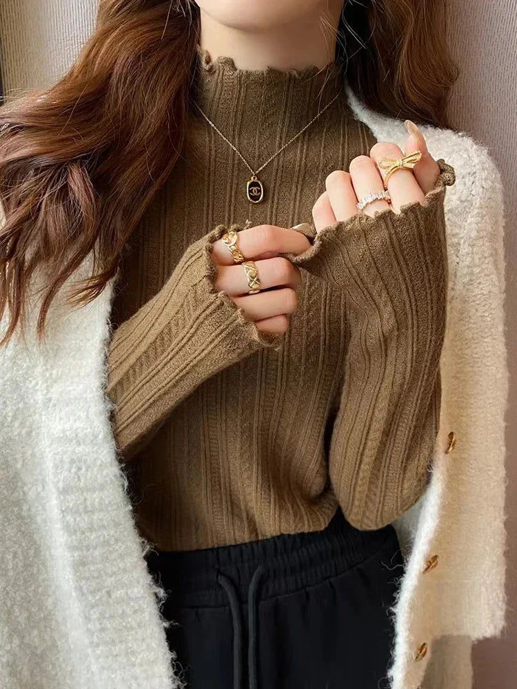 New Women's Autumn and Winter Solid Color Ruffled Semi-turtleneck Long-sleeved Knitted Sweater Casual Women's Knitted Pullovers - Matrix Studios