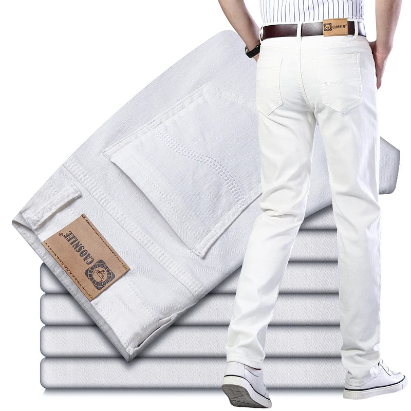 Men's Jeans Pure White Fashion Elastic Slim Youth Slimming Straight Leg Male Pants Business Casual Middle Age High End Trousers - Matrix Studios
