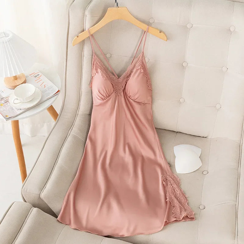New Female Long Robe Nightgown Set Sexy Lace Trim Sleepwear Suspender Nightdress Spring Summer Casual Satin Home Dress Bathrobe - Matrix-studios.com