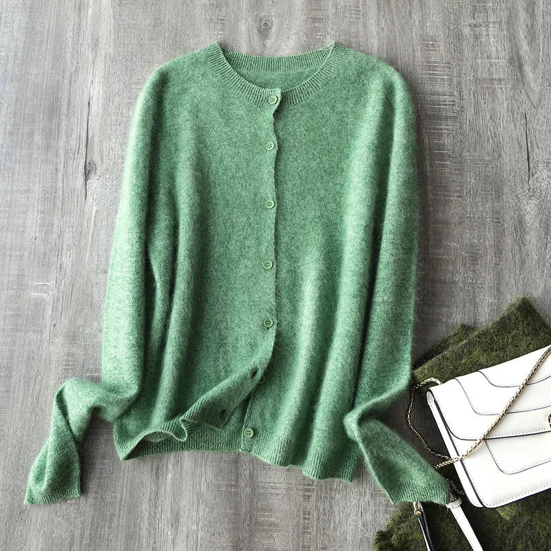 Brushed Wool Cashmere Warm Cardigan Women, O-Neck Seamless Soft Sweater - Matrix Studios