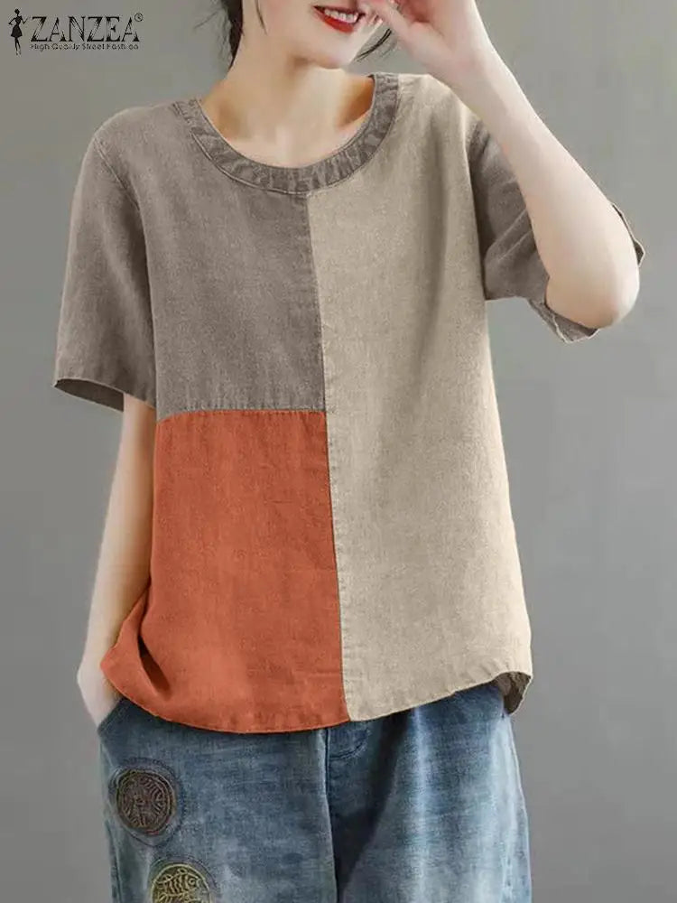 ZANZEA Women Patchwork Blouse 2024 Summer Short Sleeve Tunics Fashion Round Neck Shirts Casual Loose Holiday Cotton Linen Tops - Matrix-studios.com