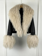 Janveny 2026 Winter Warm Faux Leather Sheepskin Coat Women Large Real Wool Fur Collar Zipper Slim Biker Pu Leather Short Jacket - Matrix Studios