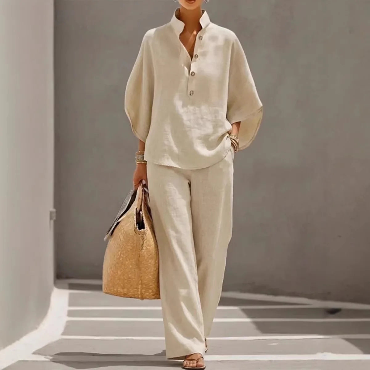 Fashion Cotton Linen  Pant Set  Women's Casual Stand Collar Button Top Wide Leg Trousers 2-piece Set Retro Female Office Suit - Matrix-studios.com