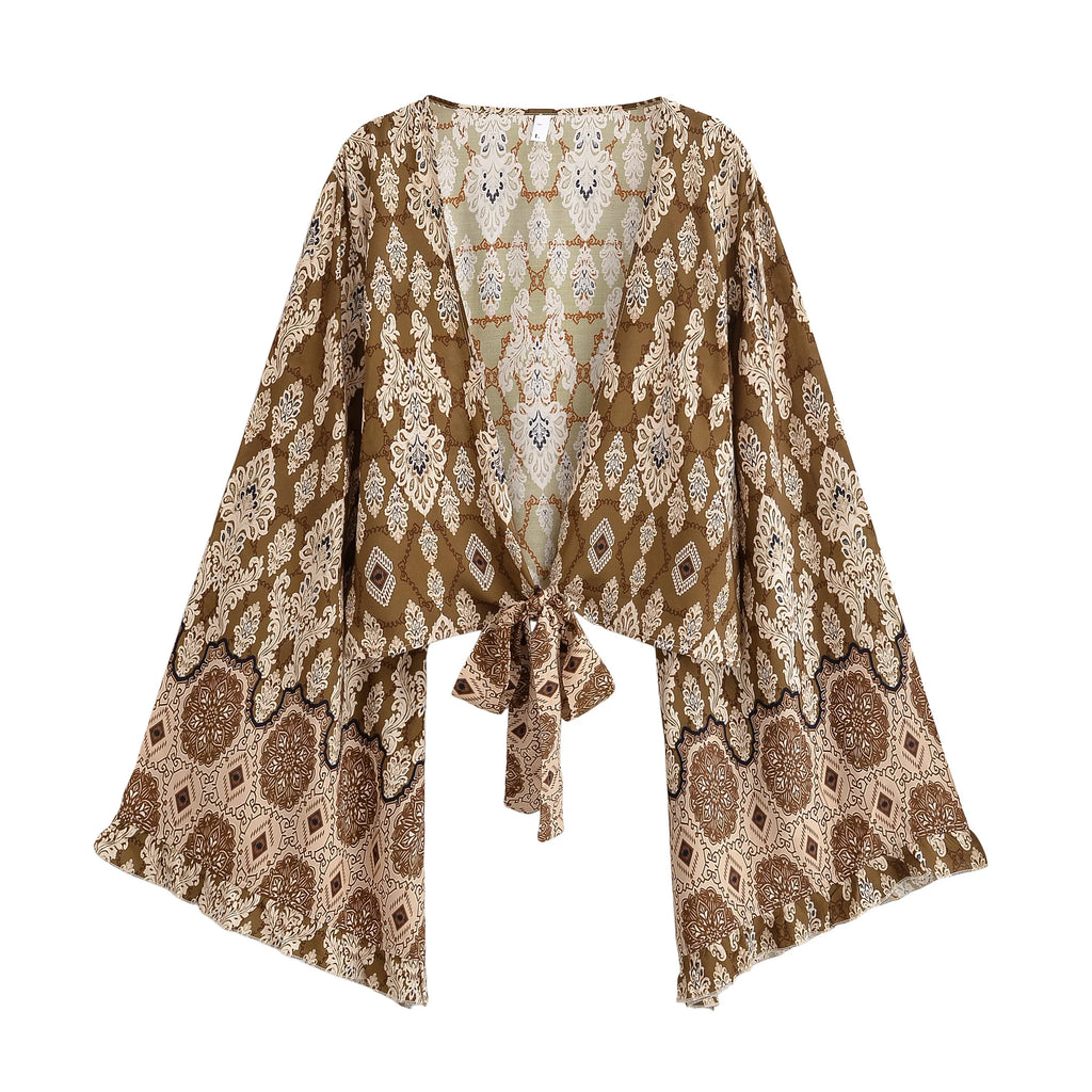 Bohemian Floral Print Rayon Kimono Holiday Tops Women Summer Ruffle Flare Sleeve Tie Front Crop Top Beach Boho Cover-ups - Matrix Studios
