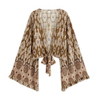 Bohemian Floral Print Rayon Kimono Holiday Tops Women Summer Ruffle Flare Sleeve Tie Front Crop Top Beach Boho Cover-ups - Matrix Studios