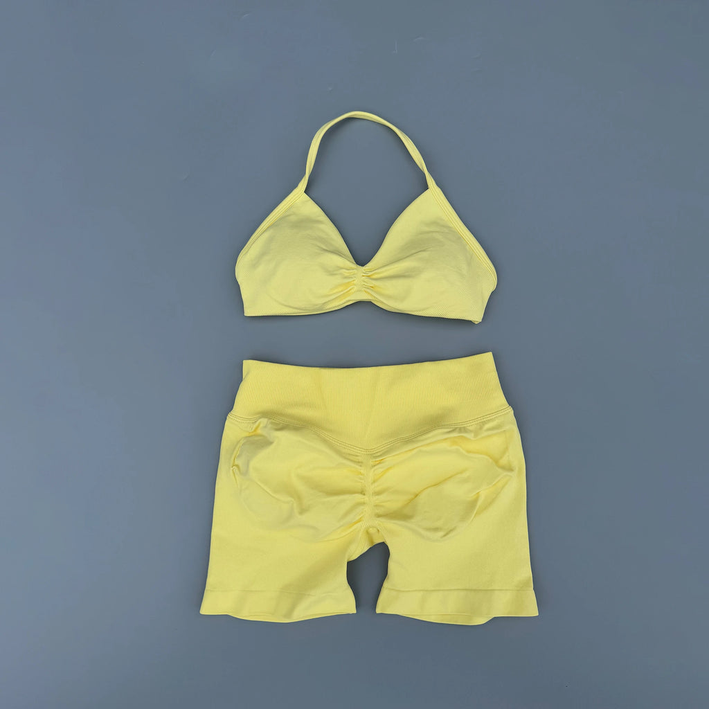 2 Piece Sports Gym Set Strappy Bra Yoga Underwear Short Sport Leggings Bicycle Running Sportswear Woman Seamless Yoga Set - Matrix-studios.com