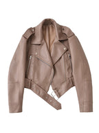 Ailegogo Spring Autumn Women Faux Pu Leather Short Jacket with Belt Motorcycle Biker Female Zipper Lapel Loose Coat Outwear - Matrix Studios