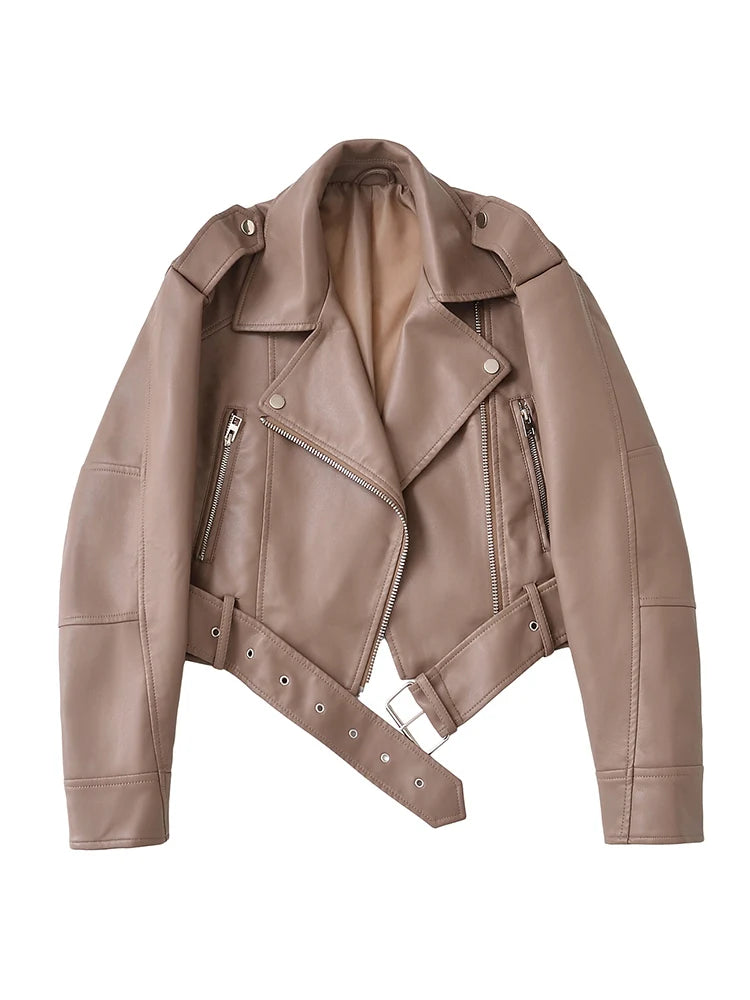 Ailegogo Spring Autumn Women Faux Pu Leather Short Jacket with Belt Motorcycle Biker Female Zipper Lapel Loose Coat Outwear - Matrix Studios