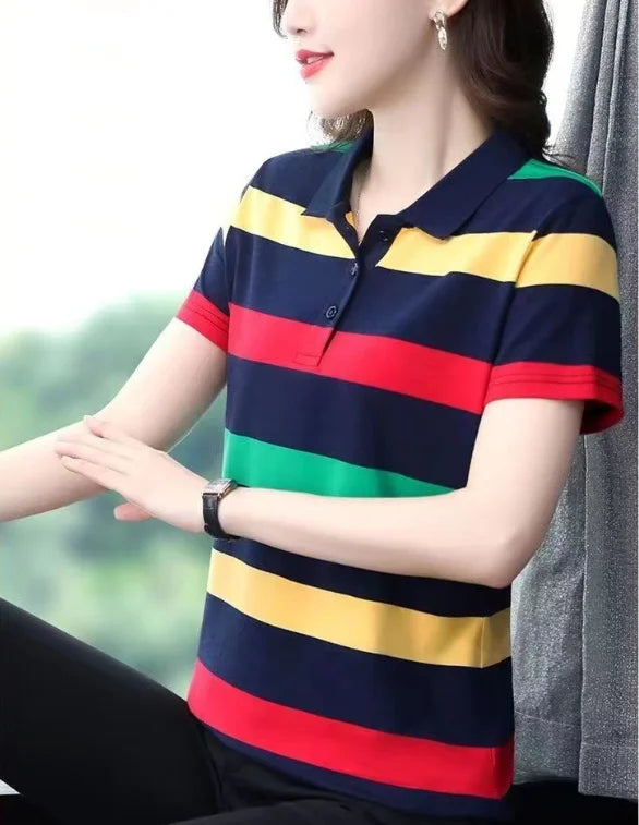 Women Summer Tops Strip Tees Sexy Vintage Short Sleeve 5XL Polo T Shirts Loose Casual Befree Boho Tees - Matrix-studios.com
