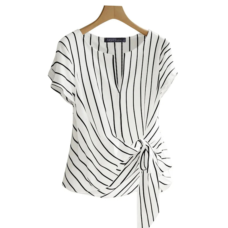 Fashion Stripe Blouse 2025 ZANZEA Summer Women V Neck Short Sleeve Tops Elegant Work OL Shirt Casual Loose Blusas Female Chemise - Matrix-studios.com