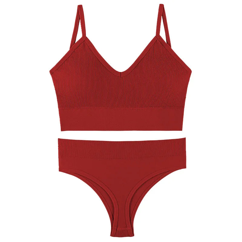 Qisin French Backless Push Up Underwear Set Women Sexy Seamless Bralette Female Lingerie Soft Tank Crop Top Gym Sport Bra Set - Matrix-studios.com