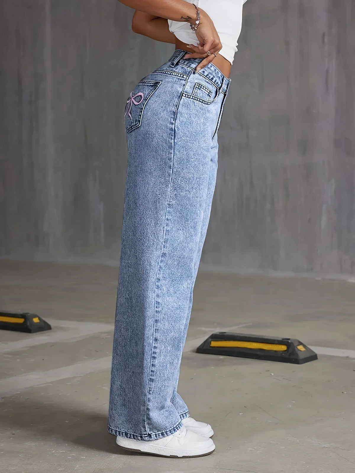 Women's Back Pocket Bow Embroidered Fashionable Wide Leg Pants Versatile Washed Denim Trousers - Matrix-studios.com