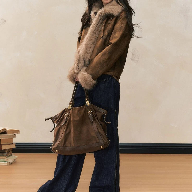 Autumn and Winter Coat with A Stylish Fur Patchwork Design Women's Biker Jacket Leather and Fur Integrated Jacket - Matrix Studios