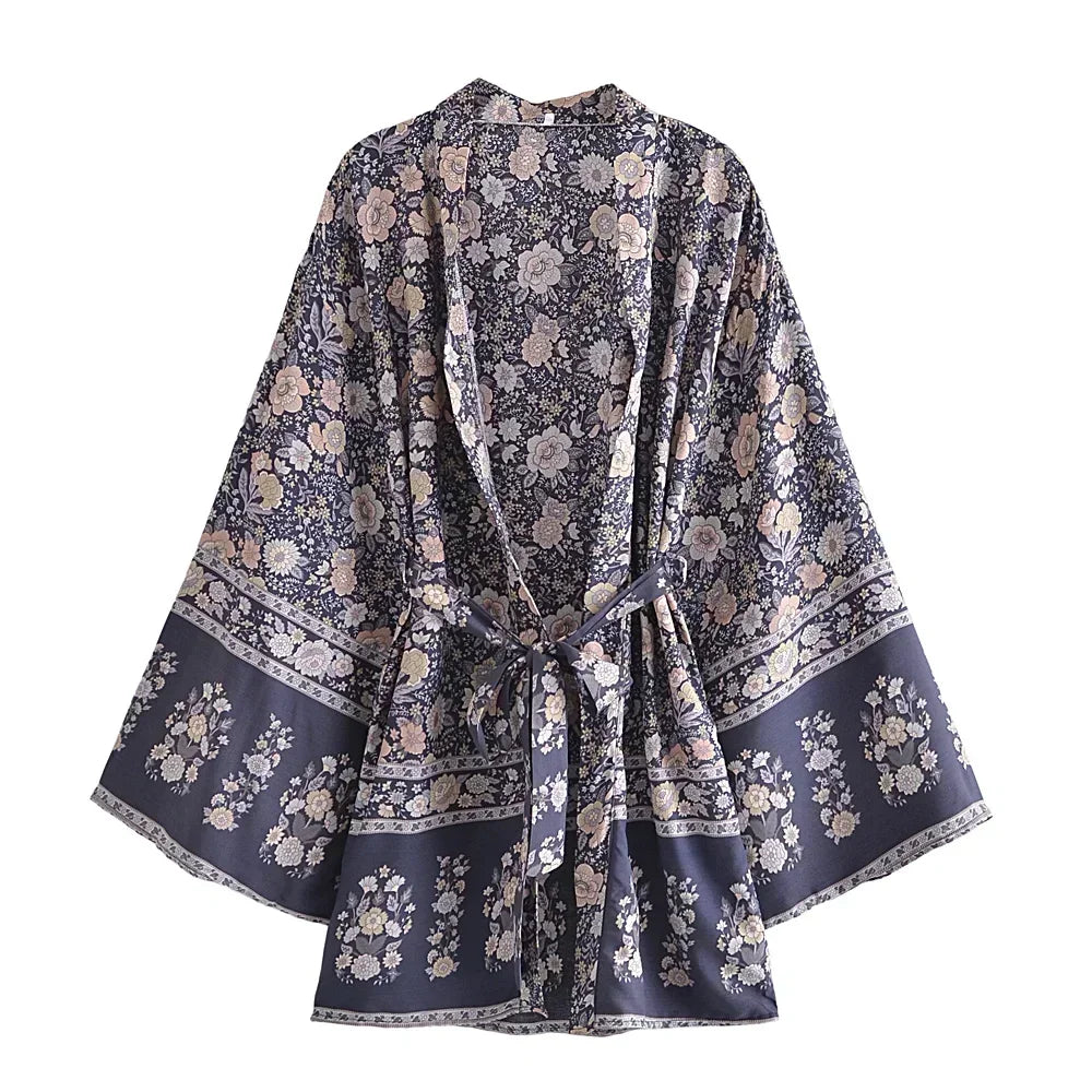 Boho Queens Multi Floral Print Sashes Kimono Women Batwing Sleeve Bohemian Bridesmaid Robe Vacation Beach Boho Bikini Cover-ups - Matrix Studios